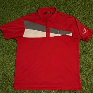 Travis Mathew Red Polo with Gray and White Stripes